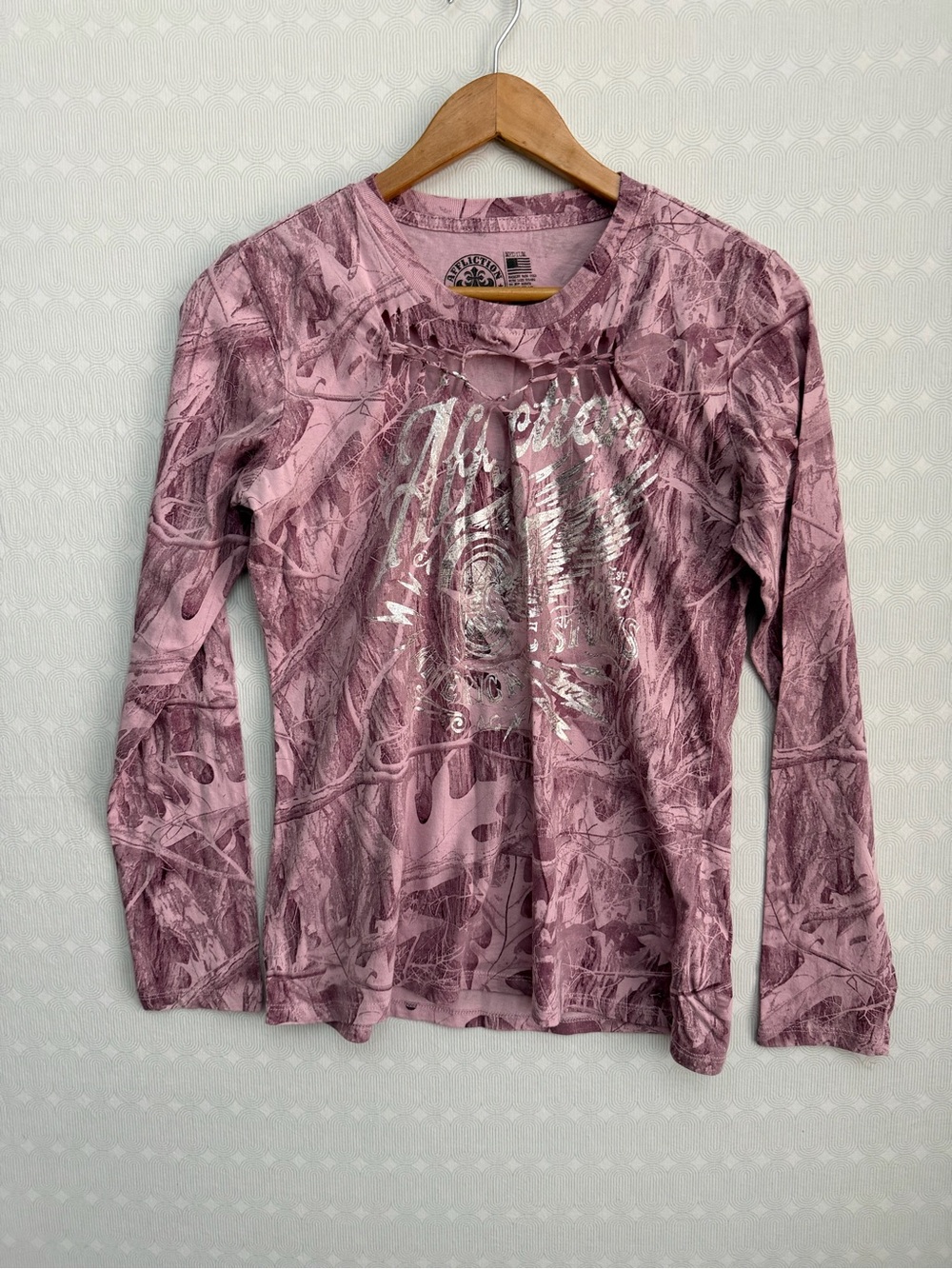 Affliction Pink Camo Long Sleeve Tee with Metallic Script
